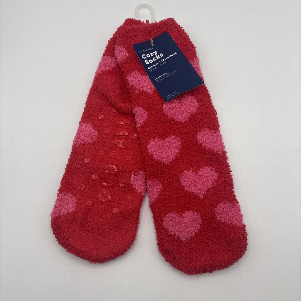 Old‎ Navy Cozy Gripper Kids Socks One Size Red Pink Hearts Unisex Fuzzy Soft NEW